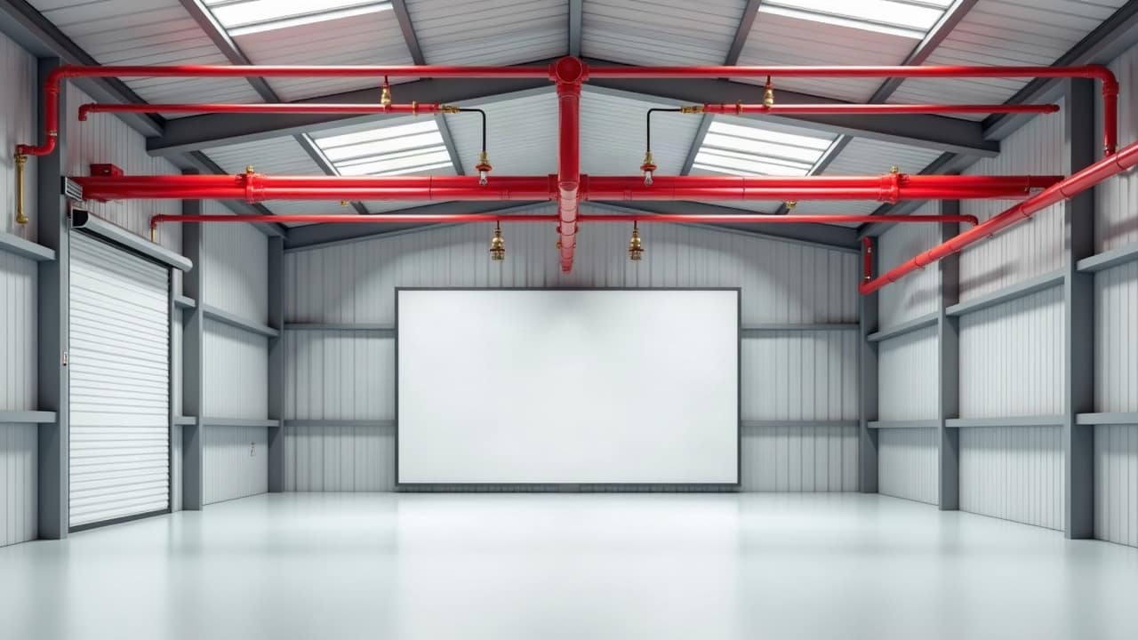 Hall vide à bardage métallique, réseau de canalisations sprinkler rouges et têtes en laiton sous les lanterneaux, porte sectionnelle blanche