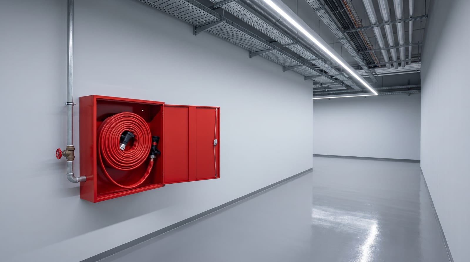 Armoire rouge ouverte sur le mur d'un couloir technique neuf, tuyau d'incendie rouge enroulé et lance noire, vanne à volant sur la canalisation d'alimentation