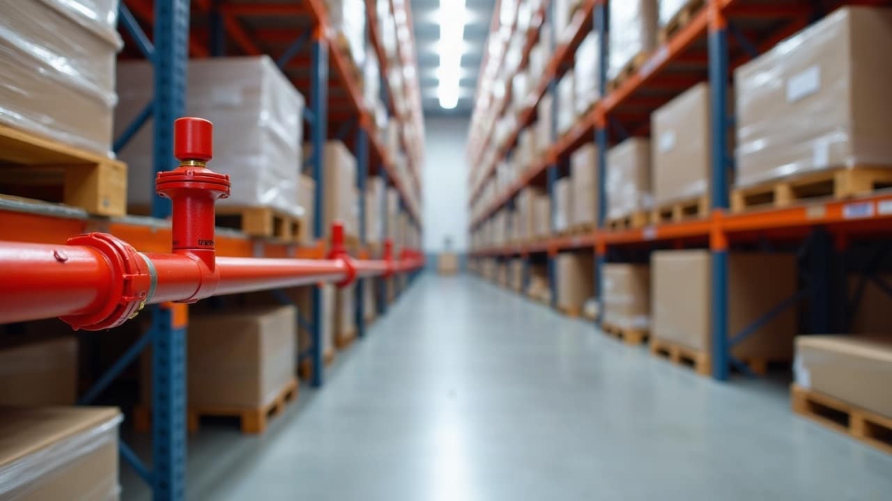 Canalisation rouge fixée le long d'un rayonnage à palettes, entre deux niveaux chargés de cartons, allée d'entrepôt dégagée au fond